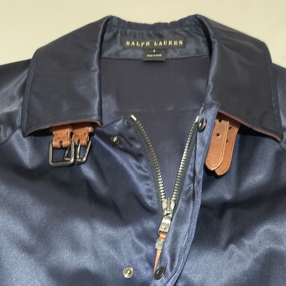 Ralph Lauren Midnight Blue Satin Jacket with Brown Leather Trim Sz Small - Picture 9 of 16